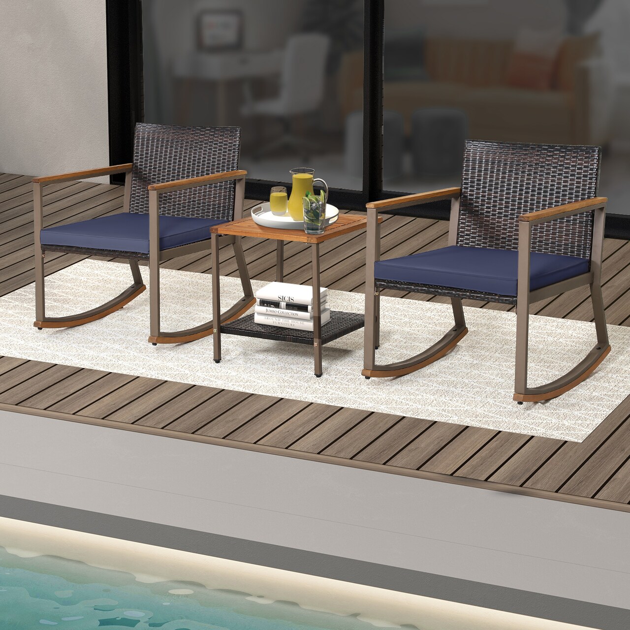 Outdoor Rocking Chair Set with Cushions and Two Tier Coffee Table